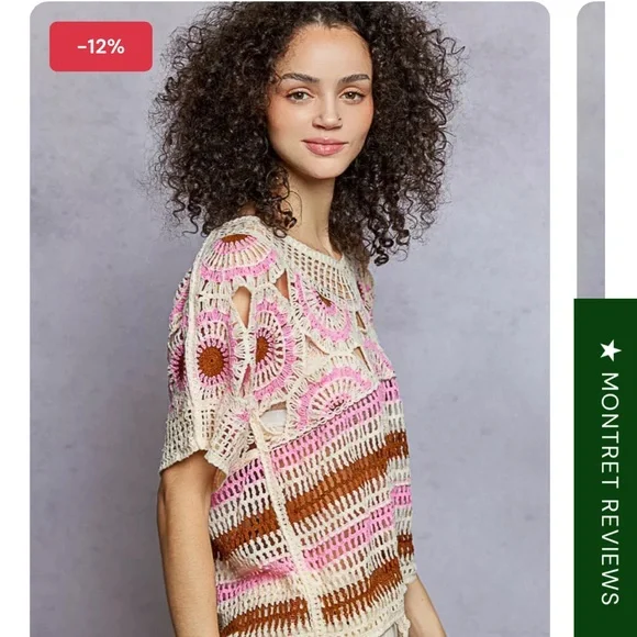 POL boho weave pattern Crochet knit Pink and Brown Top one size - Picture 4 of 10